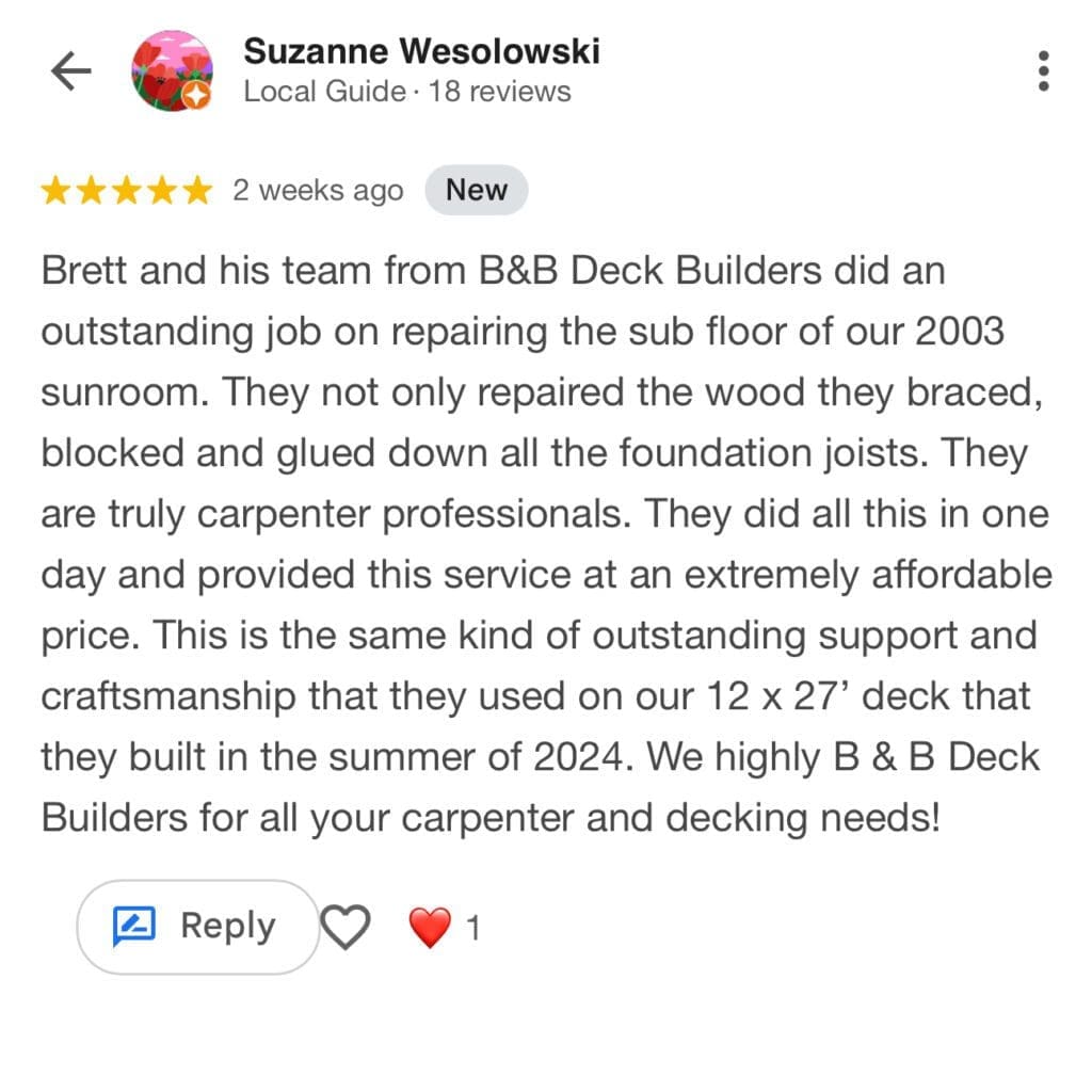 Review praising B&B Deck Builders' craftsmanship.