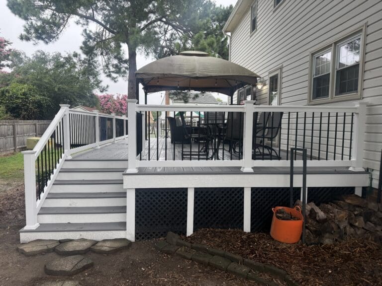 Deck with white railing and stairs built by B&B Decks in Poquoson, VA