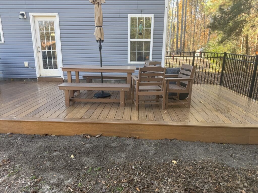 Composite deck with built-in benches and fire pit table built by B&B Decks in Hampton Roads, VA