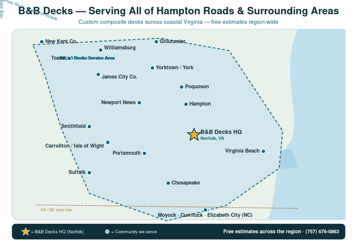 B&B Decks service area map — composite deck builder serving Virginia Beach and all of Hampton Roads, VA